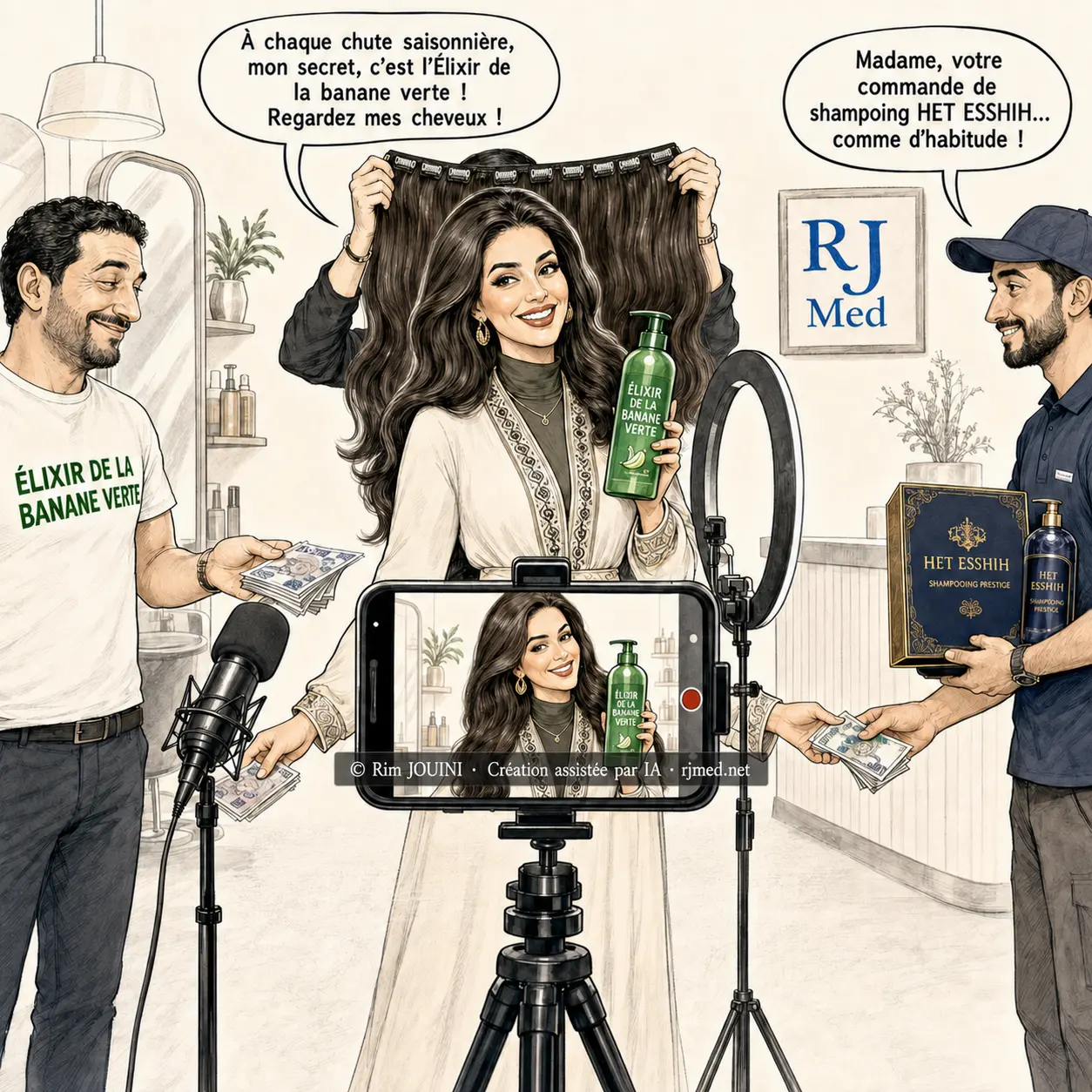 Caricature RJMed sur les publicités de shampoings miracles et la chute de cheveux