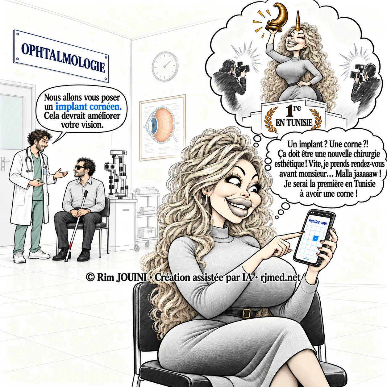 Caricature RJMed : « implant cornéen » devient une corne esthétique et un titre de première en Tunisie