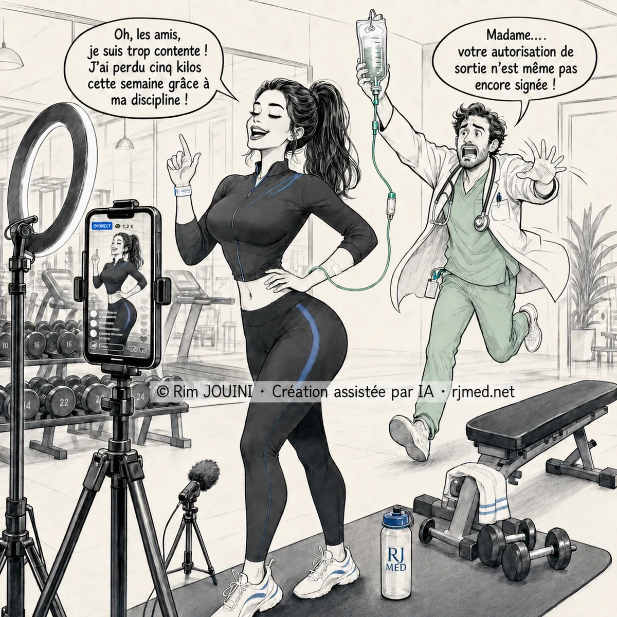 Caricature RJMed d’une influenceuse quittant trop tôt la clinique pour se filmer à la salle de sport