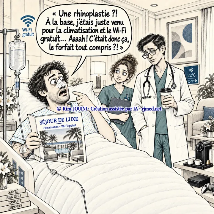 RJMed cartoon about rhinoplasty and all-inclusive cosmetic surgery packages